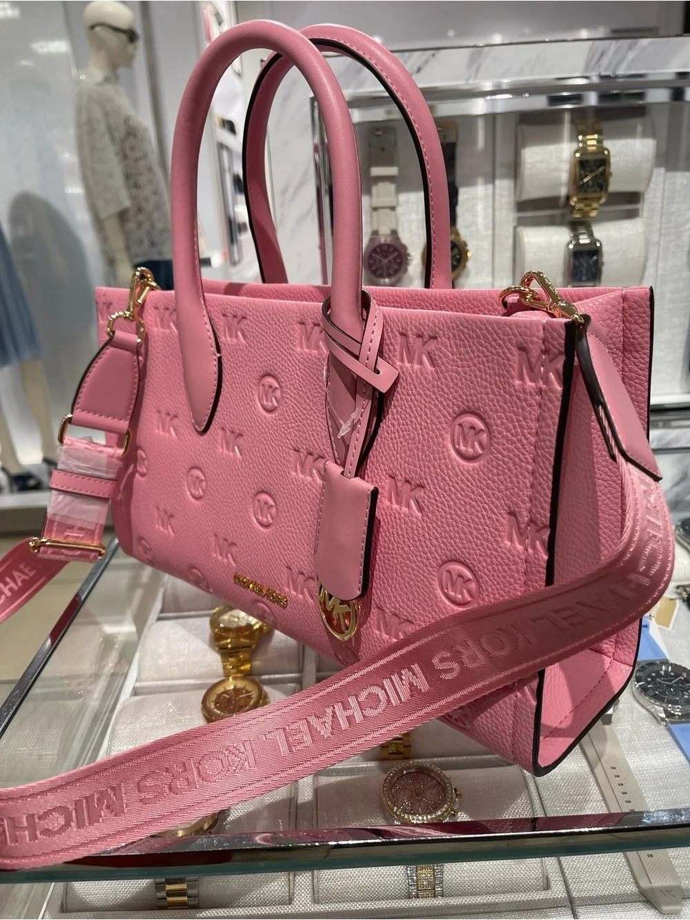 MICHAEL KORS Mirella Md EW Top Zip Logo Debossed Satchel Shoulder Carnation NWT